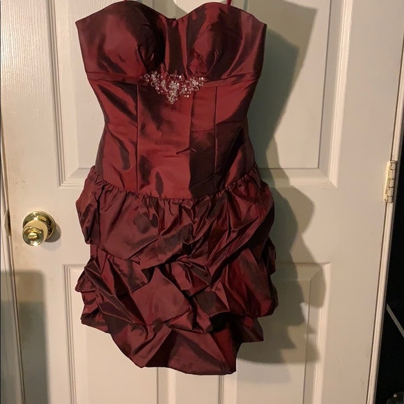 Mori Lee Strapless Burgundy Red Gown